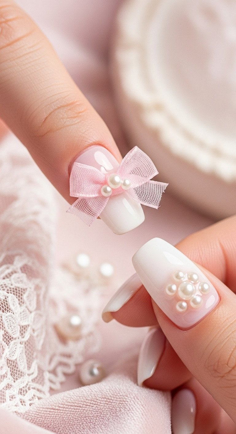 Close-up of milky white nails with sheer pink bow and miniature pearl gems, Coquette aesthetic. Feminine nail art on velvet.