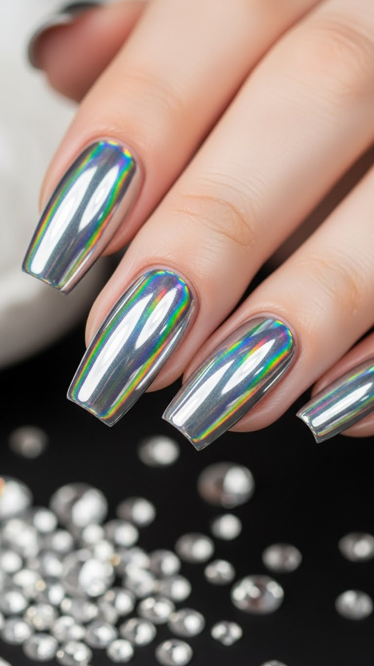 Close-up of mirror-finish holographic chrome powder nails reflecting a rainbow spectrum. Silver surface, glossy black backdrop, rhinestones.