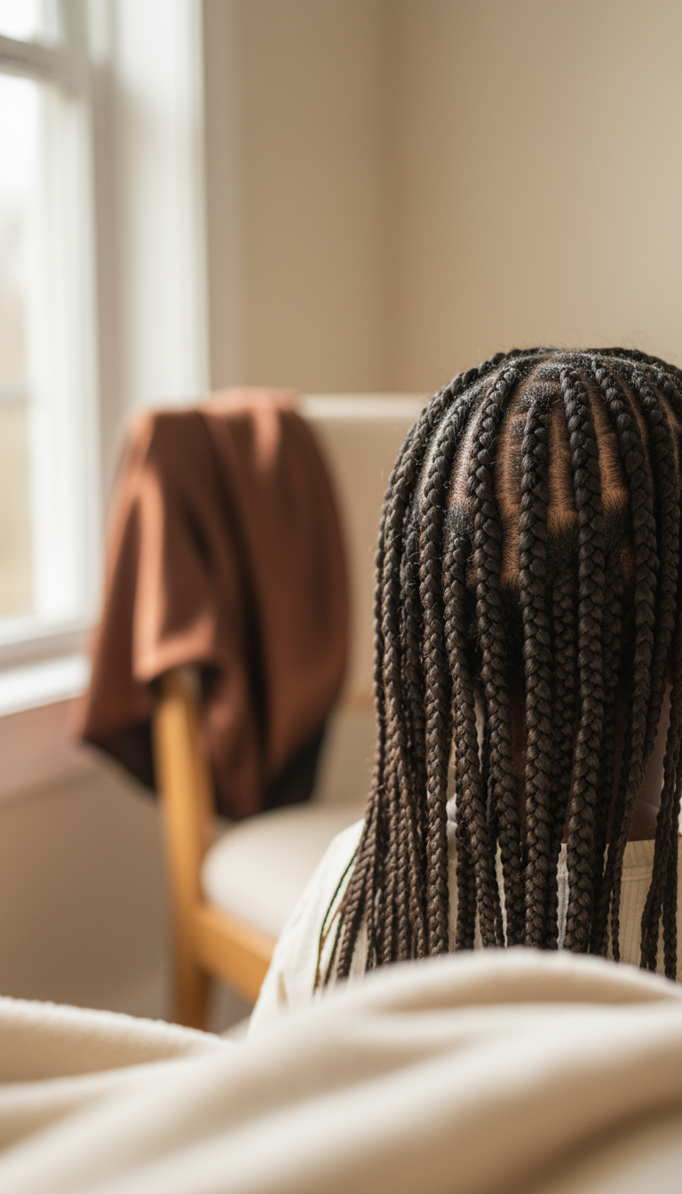 Close-up of neat classic box braids on a child, showing uniformed parts and smooth, sealed ends for winter moisture retention. Warm tones, satin bonnet.