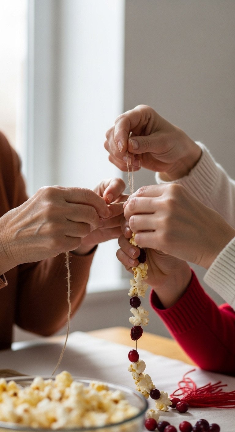 Close-up of older and younger hands working together to string a traditional popcorn and cranberry Christmas garland.
