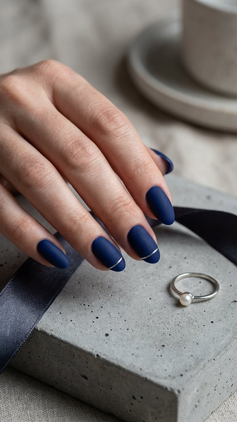 Close-up of oval deep navy matte nails with silver glitter, dark silk ribbon and silver jewelry, elegant sophisticated nail art.