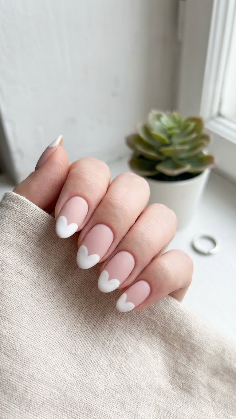 Close-up of oval matte pink nails with white heart-shaped French tips, silver band, succulents, modern clean manicure.