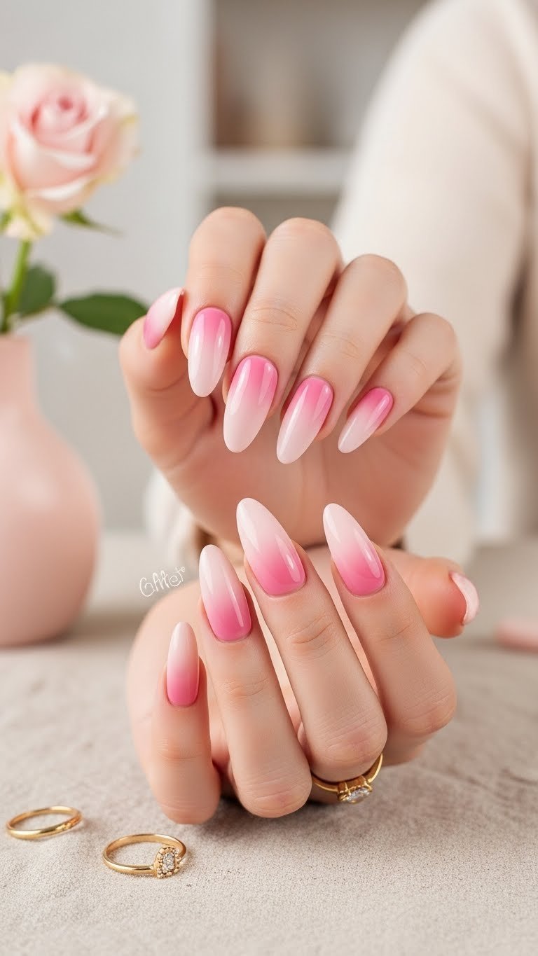 Close-up of perfect pink aura almond nails, showcasing diffused blush pink glow, gold rings, and a single rose on linen. Trendy manicure.