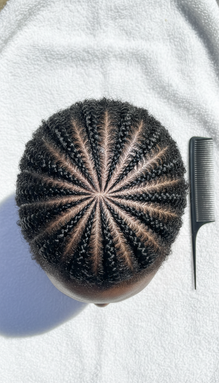 Close-up of protective mini cornrows on short natural coily hair, emphasizing intricate scalp braiding patterns and moisture.