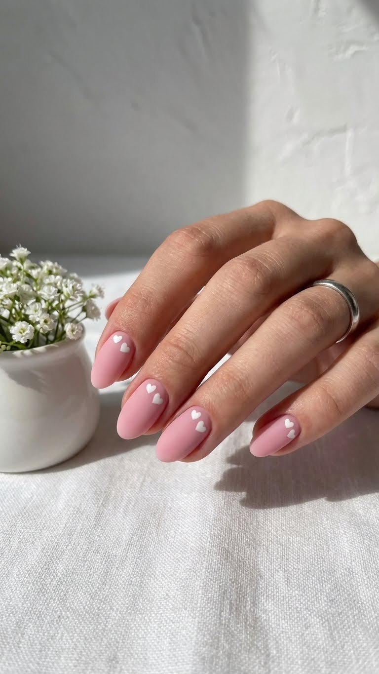 Close-up of short almond matte pink nails with white heart decals near the cuticle, silver ring, white flowers, cute nail art.