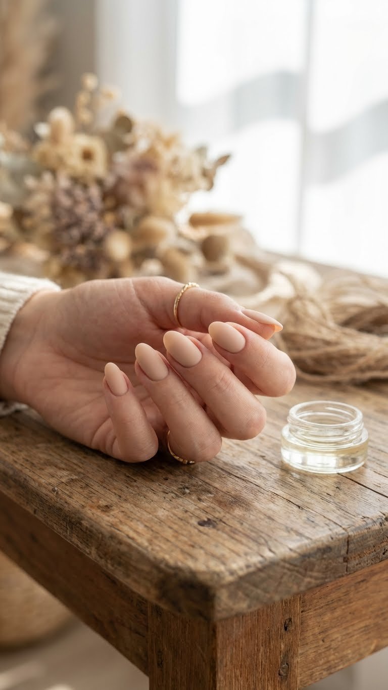 Close-up of short almond nude matte nails with gold jewelry and cuticle oil on a rustic wooden table, minimalist manicure.