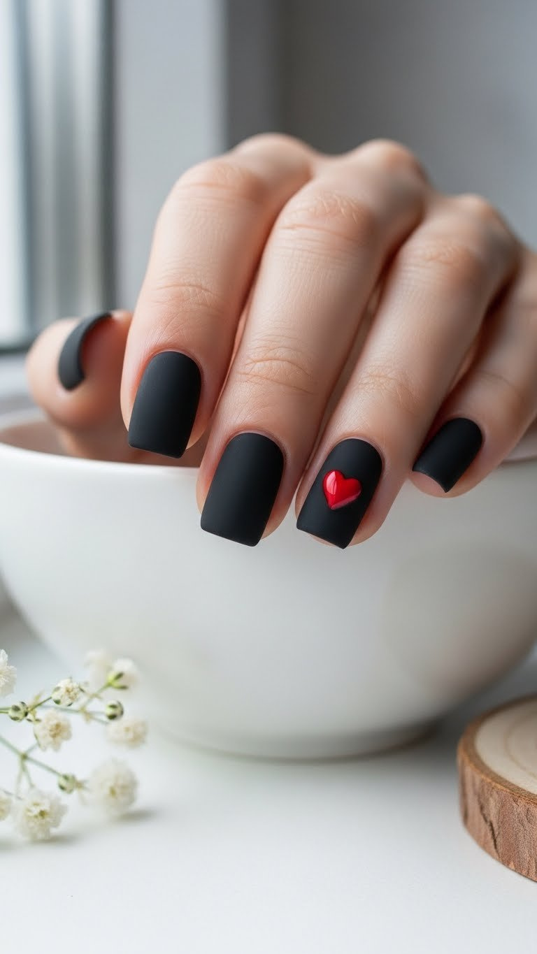 Close-up of short matte black square nails with glossy red heart accents, on white dish with baby's breath and gray wall.