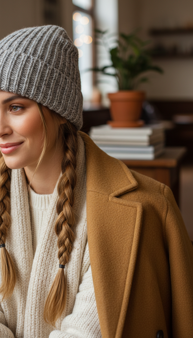 Close-up of sleek low pigtail braids cascading from a neutral knit beanie. Cozy winter hairstyle with textured scarf, warm creams, and gray tones.