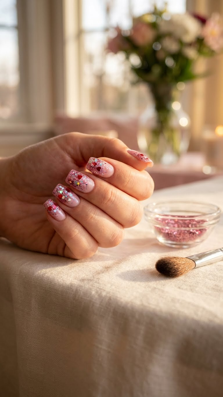 Close-up of sparkling pink glitter and red heart sequin manicure with holographic flakes, on a linen tablecloth, warm lighting.