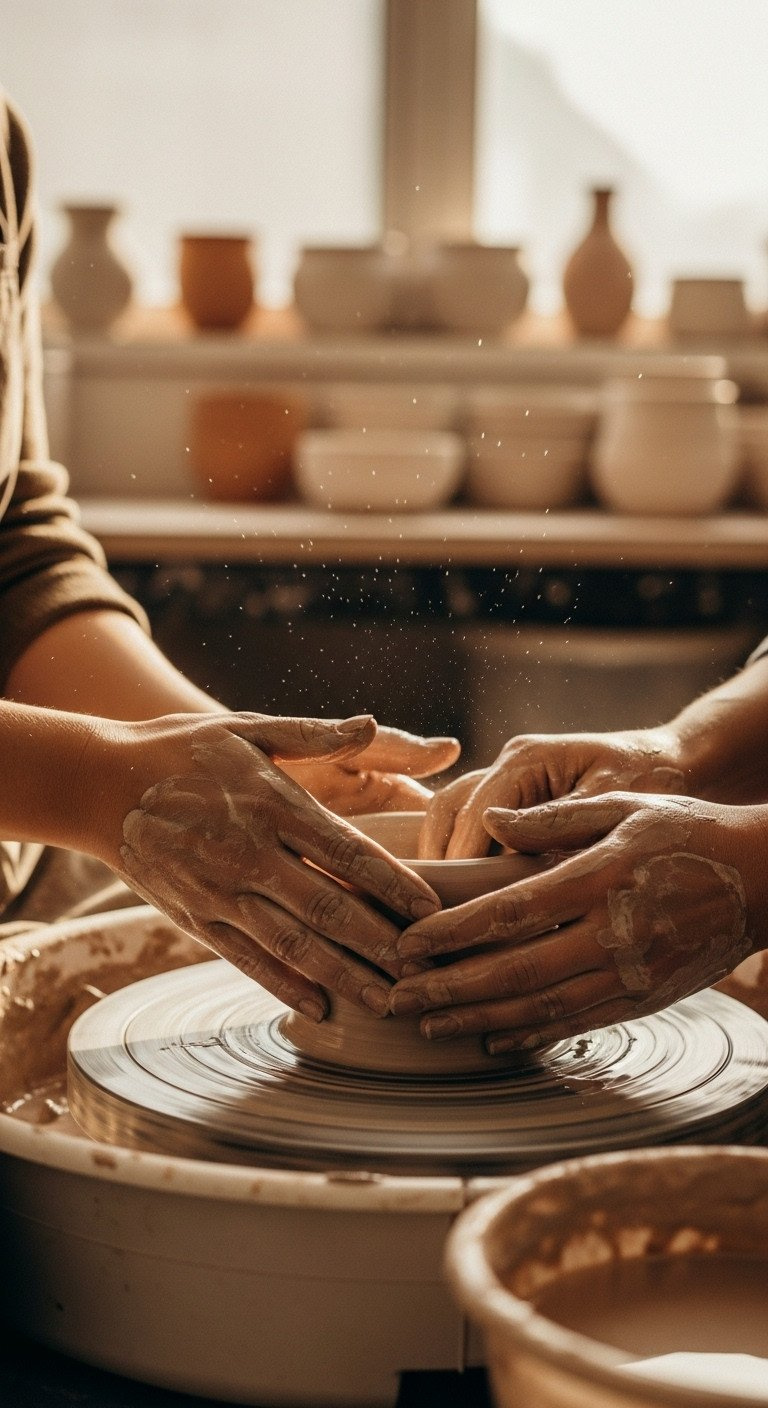 Close-up of two pairs of hands covered in clay, shaping a pot together on a pottery wheel in a warm, sunlit studio.