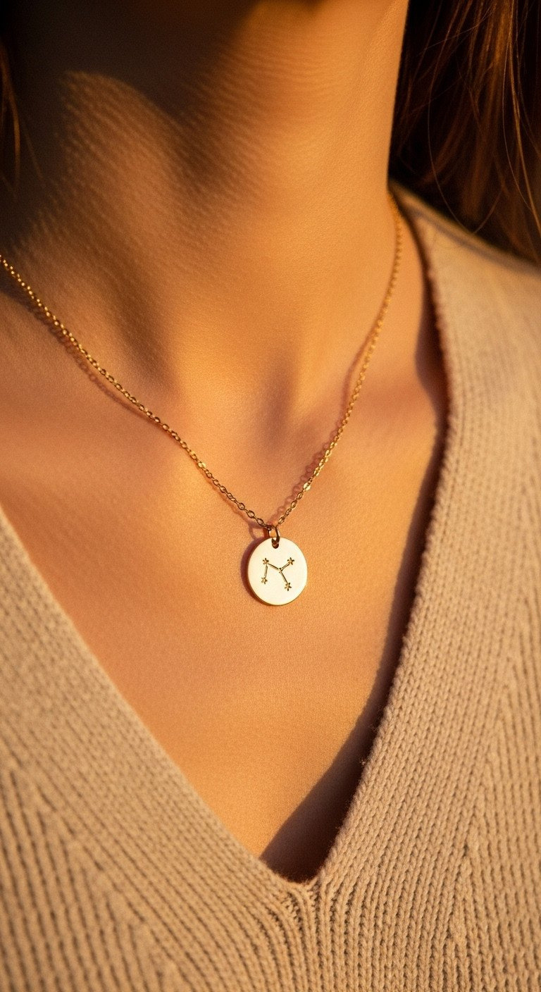 Close-up on a woman's décolletage showing a delicate gold-plated necklace with a small circular engraved pendant.
