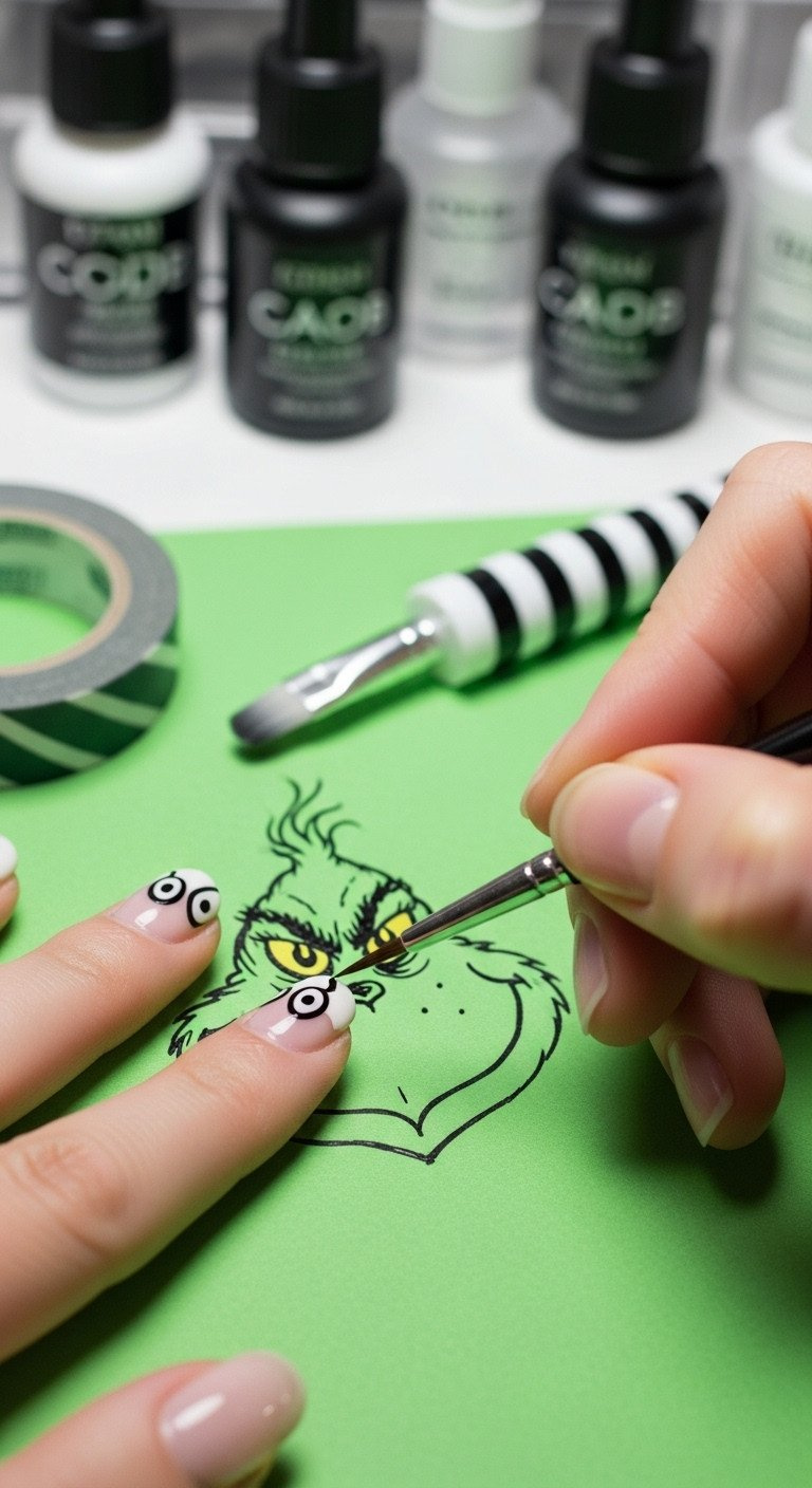 Close-up: precision liner brush drawing micro-detail black line art on a vibrant green nail, outlining Grinch features.