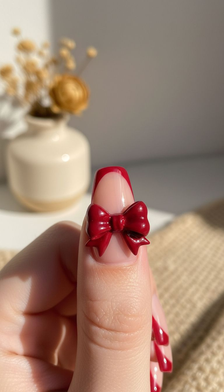 Coffin nails with nude and red French tip, voluminous 3D puffy red bow. Sculpted gel texture, dramatic side light. High-end nail art.
