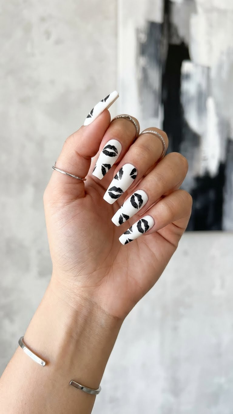 Coffin shaped nails with a chic, matte black and white abstract lip smudge pattern on white base, silver jewelry. Modern nail art.