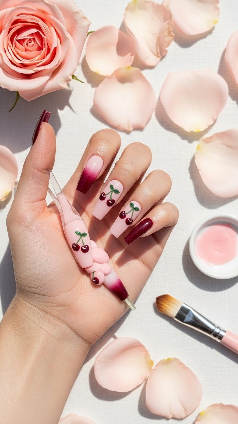 Coffin-shaped nails with pink to burgundy ombre, cherry designs, rose petals, and nail art tools.