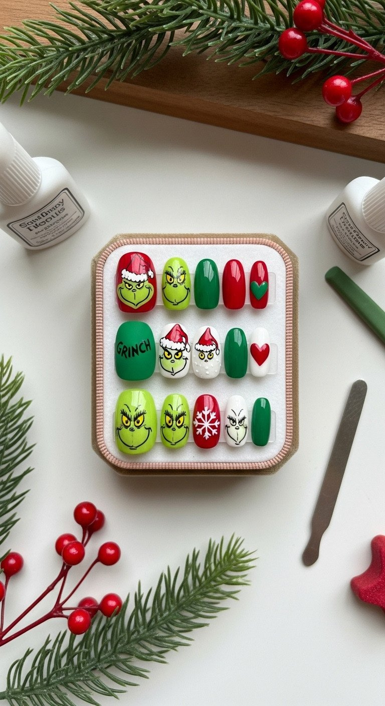 Collection of custom Grinch press-on nails in a velvet box: Max, Grinch face, snow, heart designs in matte and glossy finishes, ready to apply.