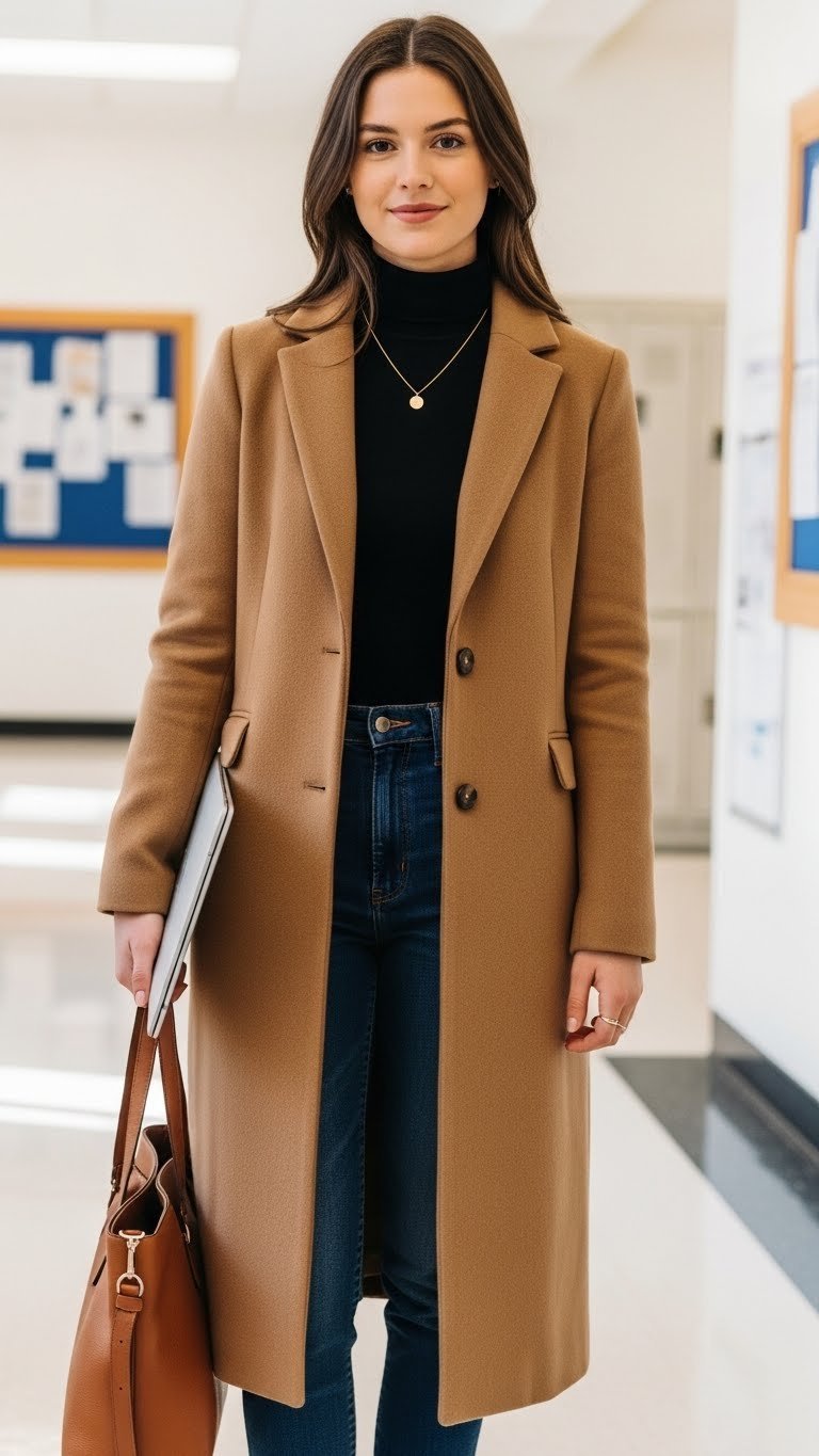 College student in camel wool coat, black turtleneck, denim jeans in a bright university hallway. Stylish campus fashion.