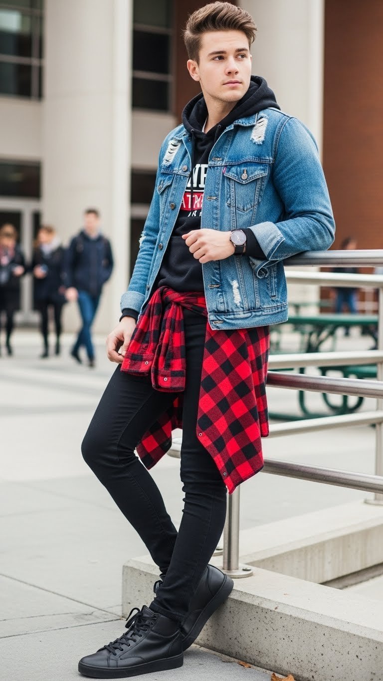 College student in distressed denim jacket, plaid flannel shirt, skinny jeans, sneakers. Trendy college winter style.