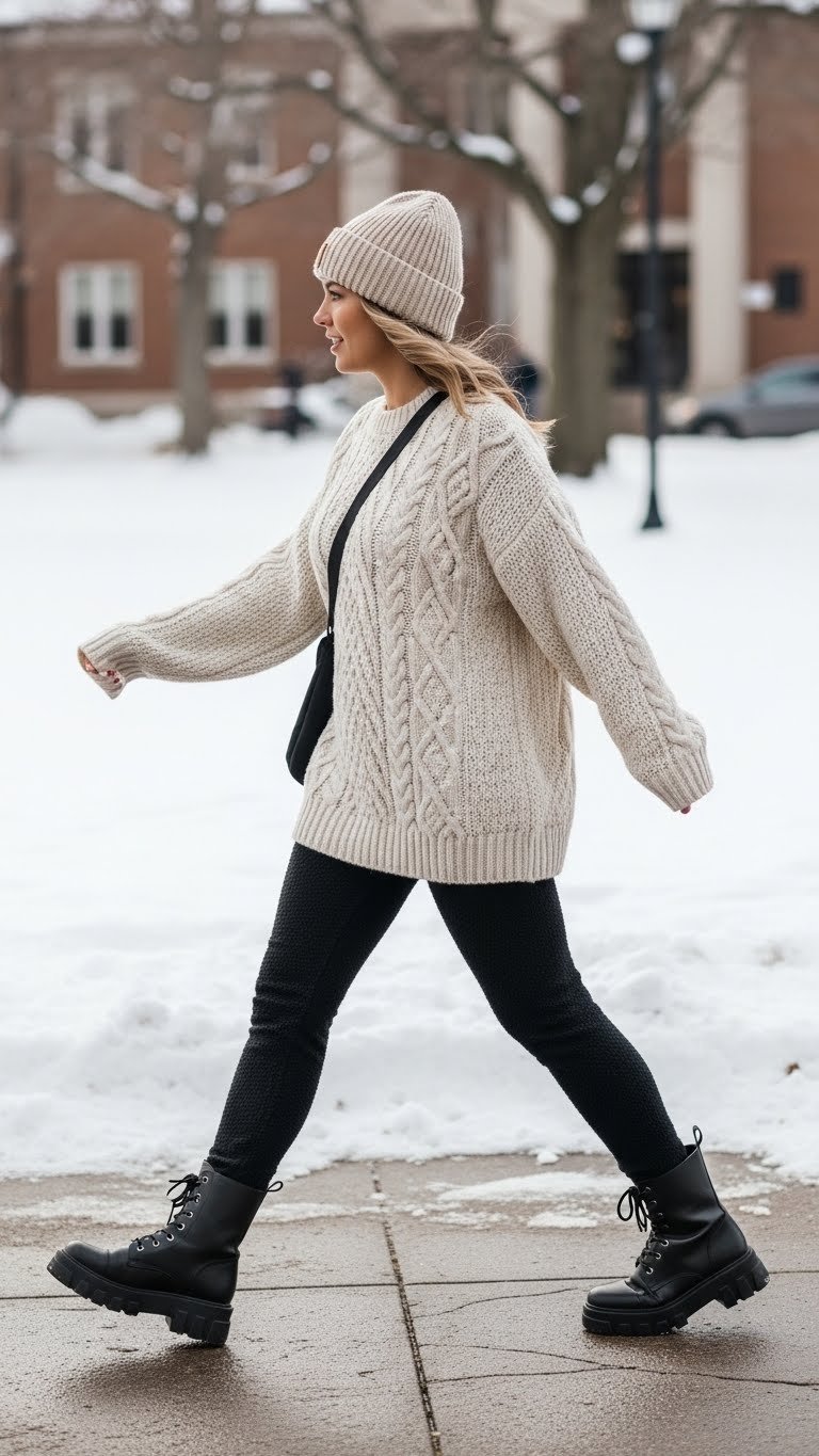 College student in ivory cable-knit sweater, black leggings, combat boots walking on snowy campus. Cozy winter outfit.
