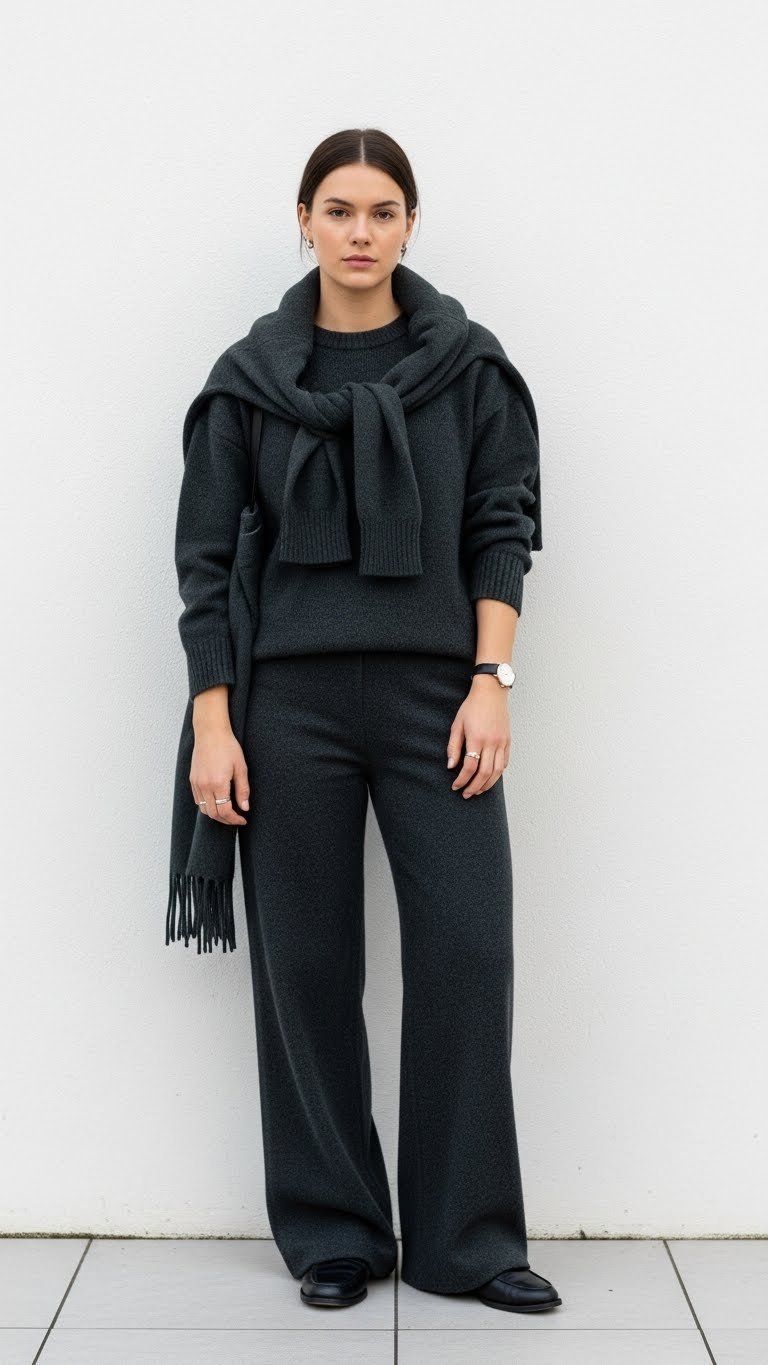 College student in monochromatic charcoal gray outfit: wide-leg trousers, chunky sweater, wool scarf. Refined style.