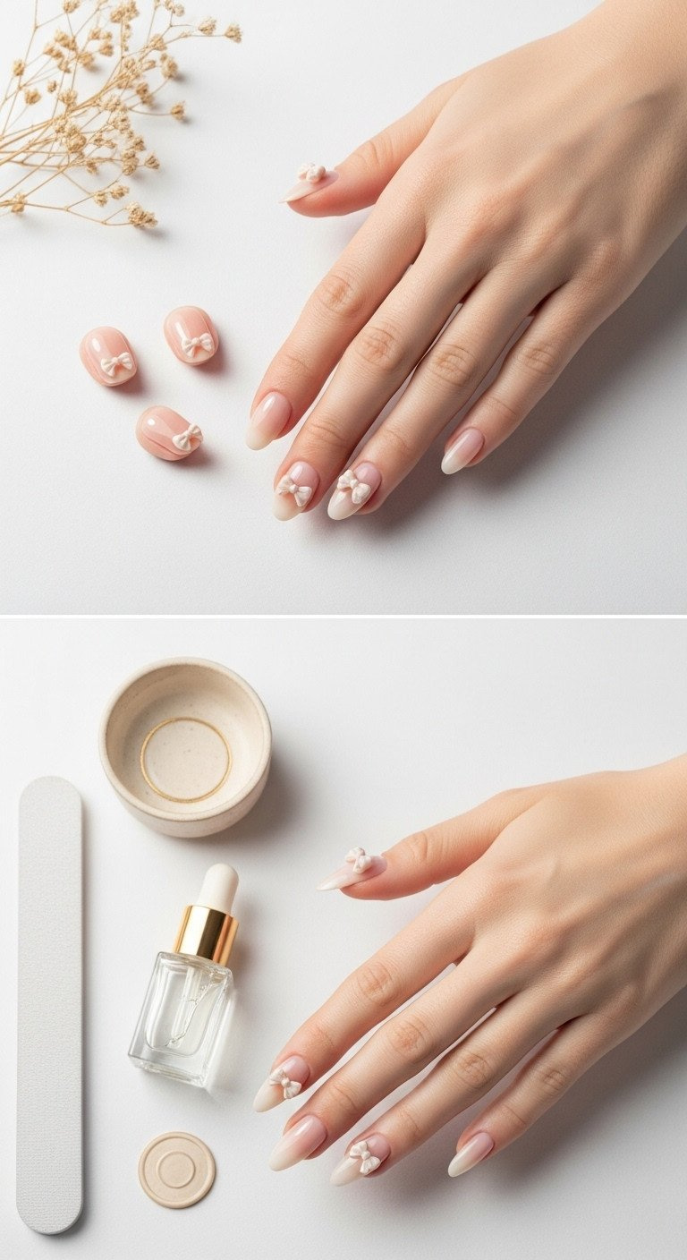 Comparative flat lay of short rounded nails with tiny bows vs. long almond nails with larger bows. Optimal bow placement.