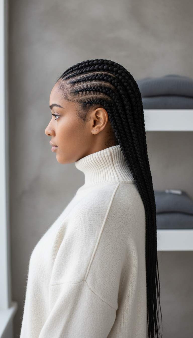 Complex feed-in cornrows with long braided tails, showcasing seamless scalp transition. Sleek, sophisticated winter protective style.