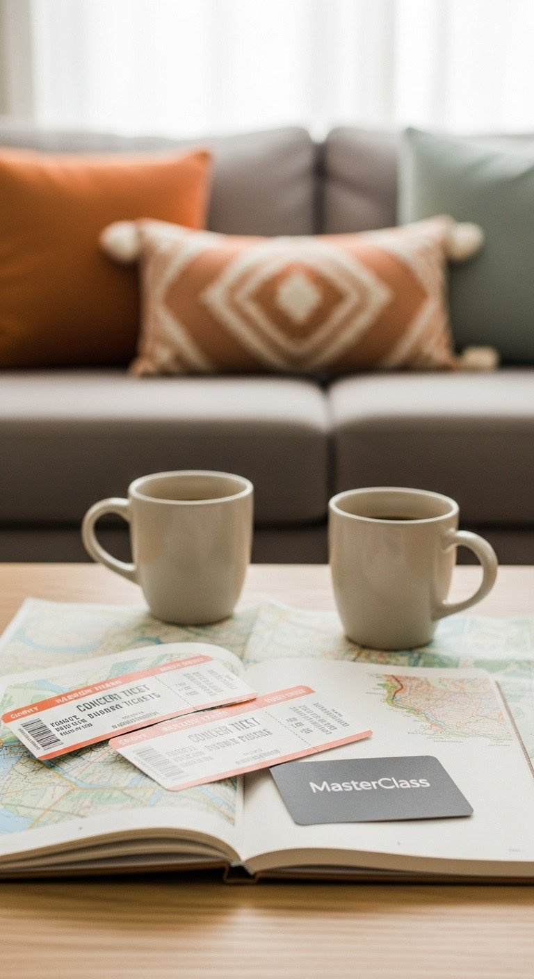 Concert tickets and a MasterClass gift card rest on a travel journal on a coffee table, a perfect experience gift.