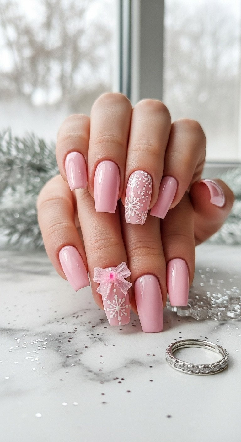 Cool baby pink tapered nails with a white snowflake and sheer pink bow, silver ring, on marble with wintry scene.