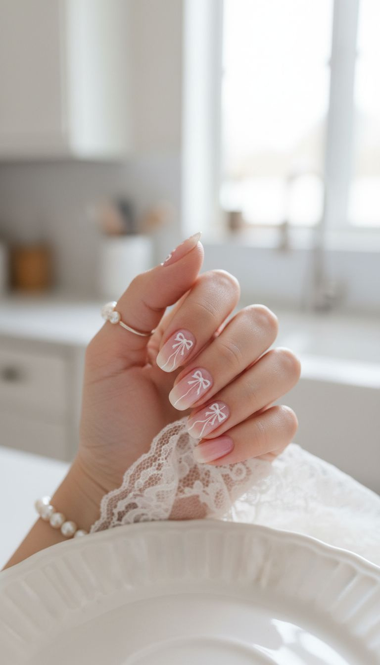 Coquette Christmas bow nails: high-shine sheer blush pink manicure with delicate hand-painted white bows and ribbon lines. Elegant.