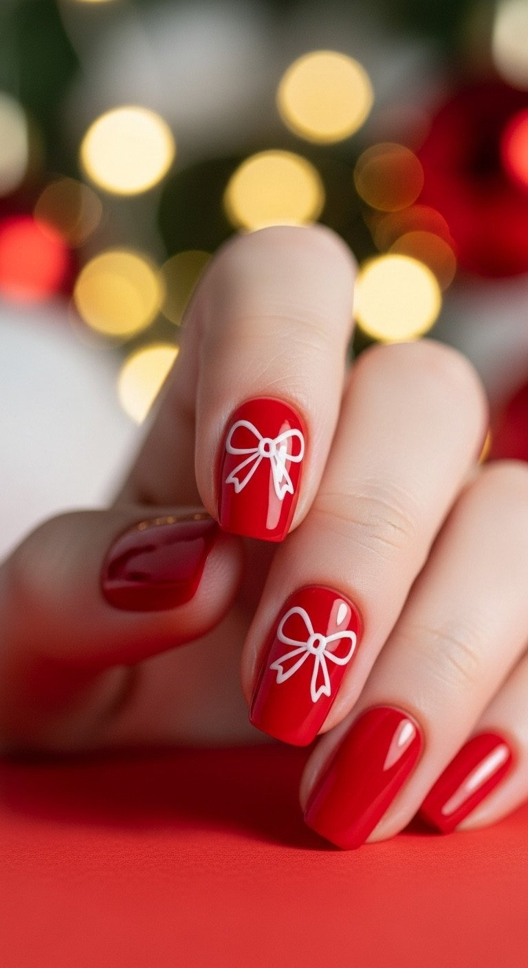 Coquette bow nail art: white loops, tiny knot on festive red nail. Crisp, delicate design. Red, white.