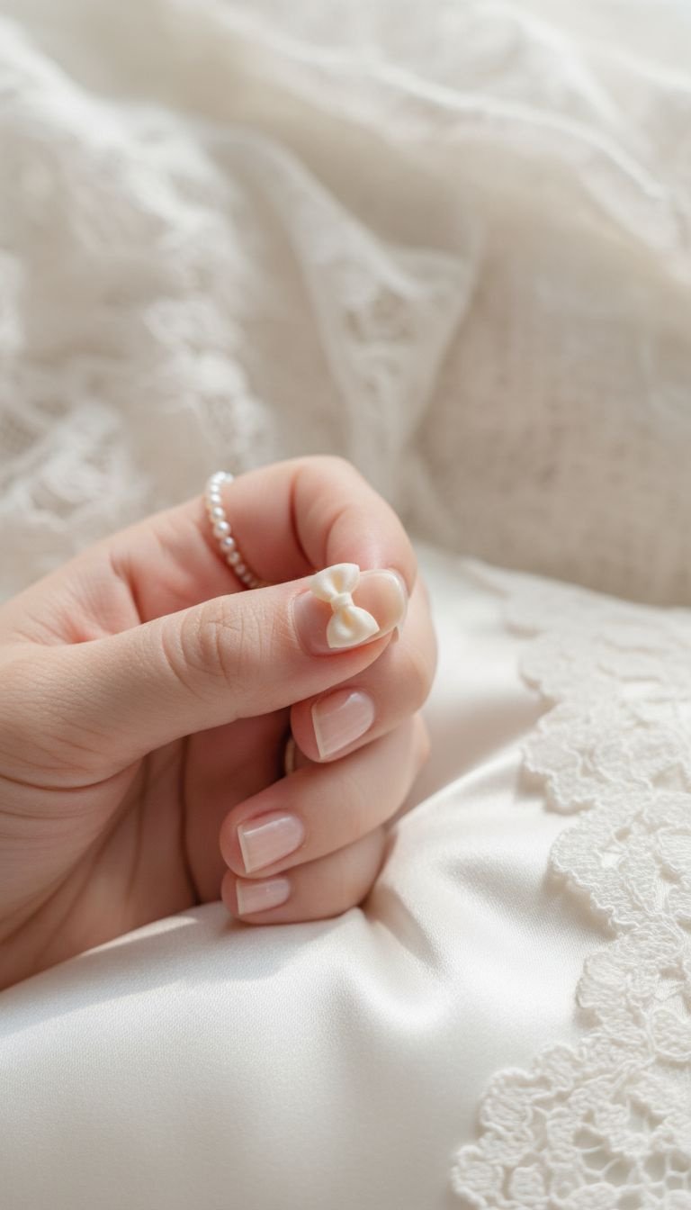 Coquette cream bow nail art delicately placed near cuticle on short rounded nail, soft lighting, silk pillow, pearl rings.