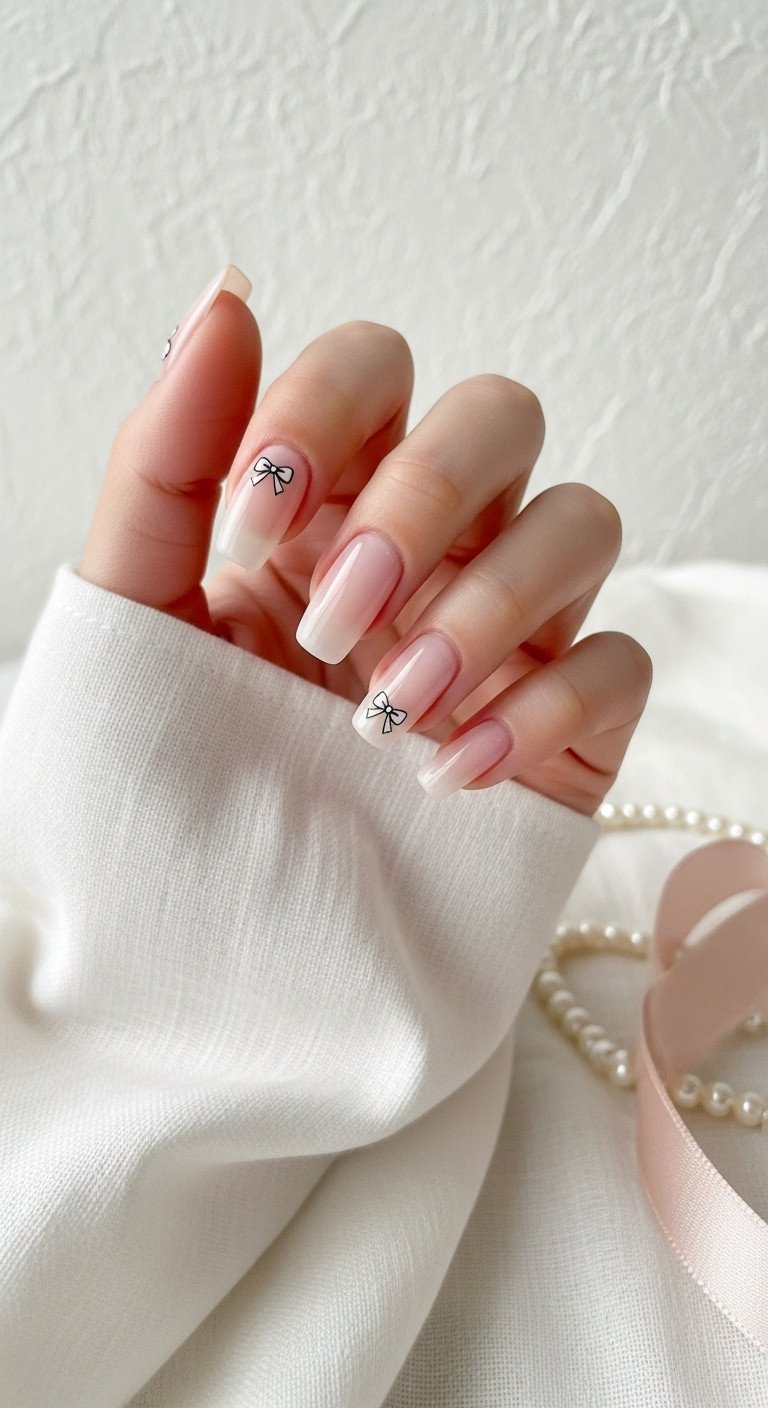 Coquette micro-decal bow nail art on sheer milky pink nails, featuring dainty black bows near the cuticle, with pearls and silk ribbon.