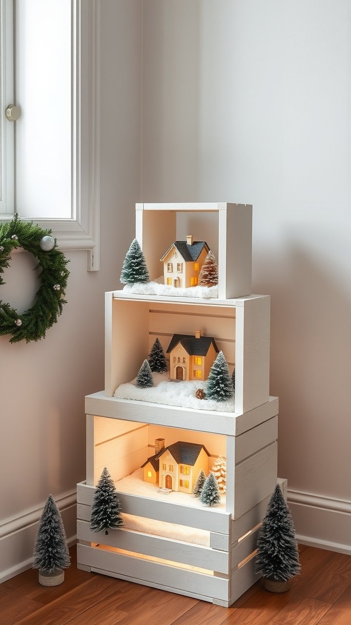 Cozy Christmas village bookshelf display idea using stacked books under a fluffy snow blanket with tiny lighted houses.