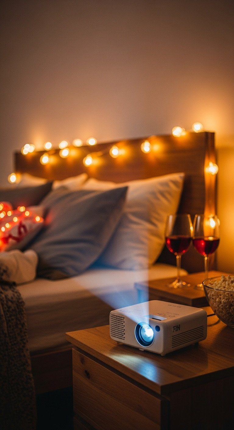 Cozy bedroom movie night with a mini projector on a nightstand. Popcorn, wine, and fairy lights create an intimate mood.