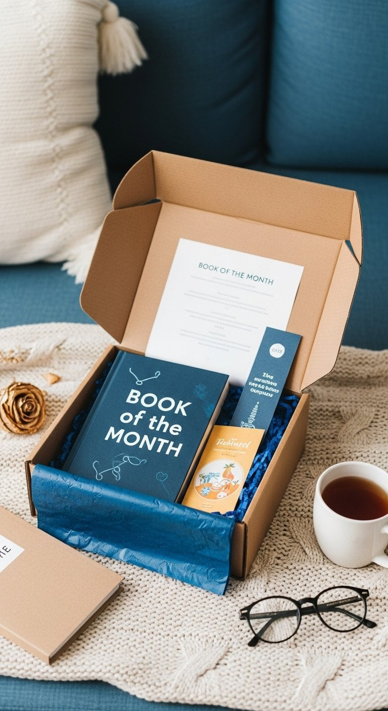 Cozy flat lay of an open book subscription box on a cream blanket, revealing a hardcover book, bookmark, and reading glasses.