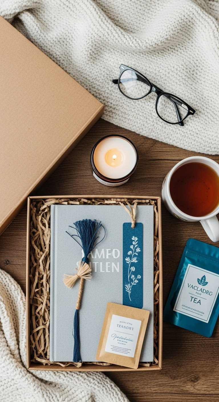 Cozy flat lay of an open book subscription box with a book, tea, and candle on a rustic wooden table with a knit blanket.