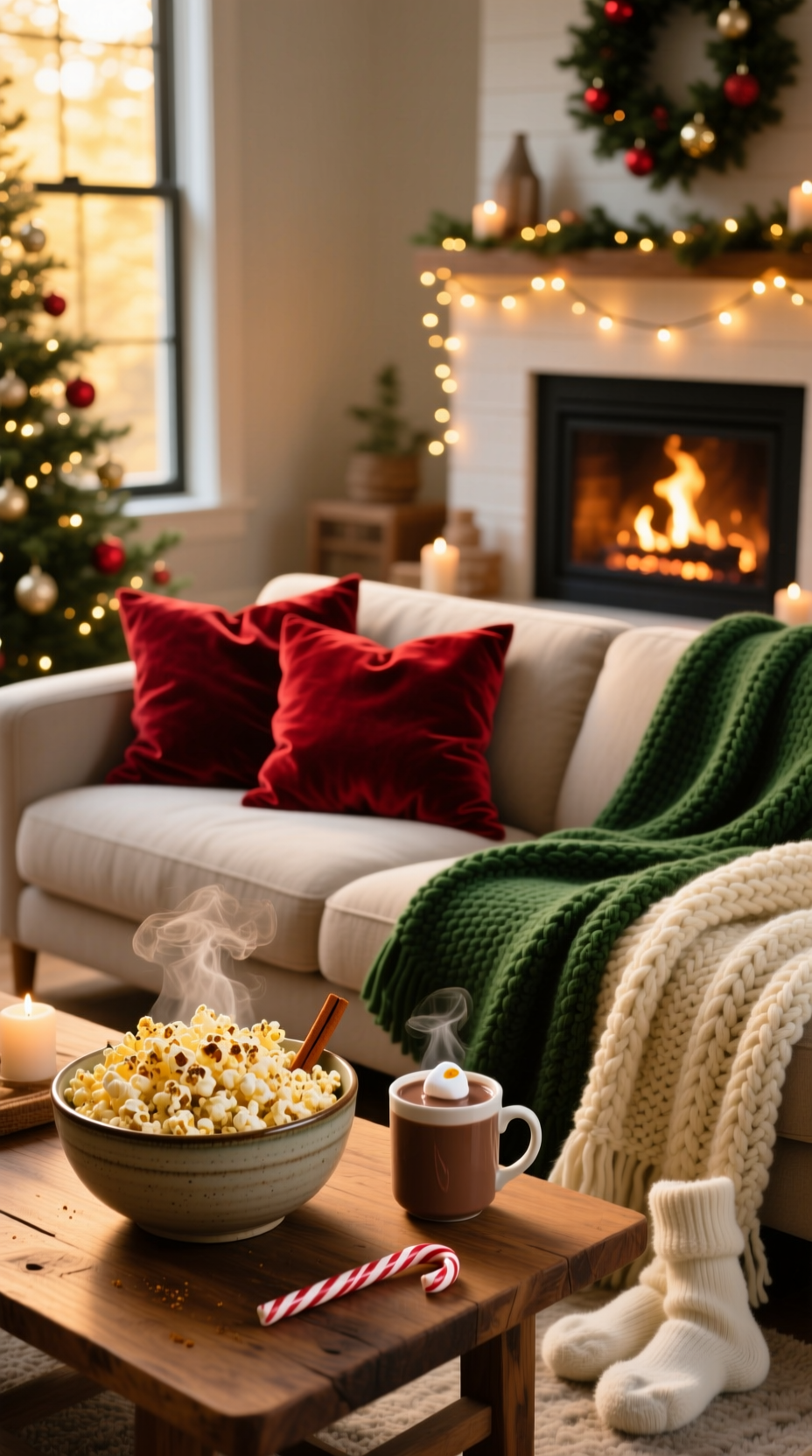 Cozy living room movie night with popcorn, hot chocolate, and chunky knit blankets on a sofa near a Christmas tree.