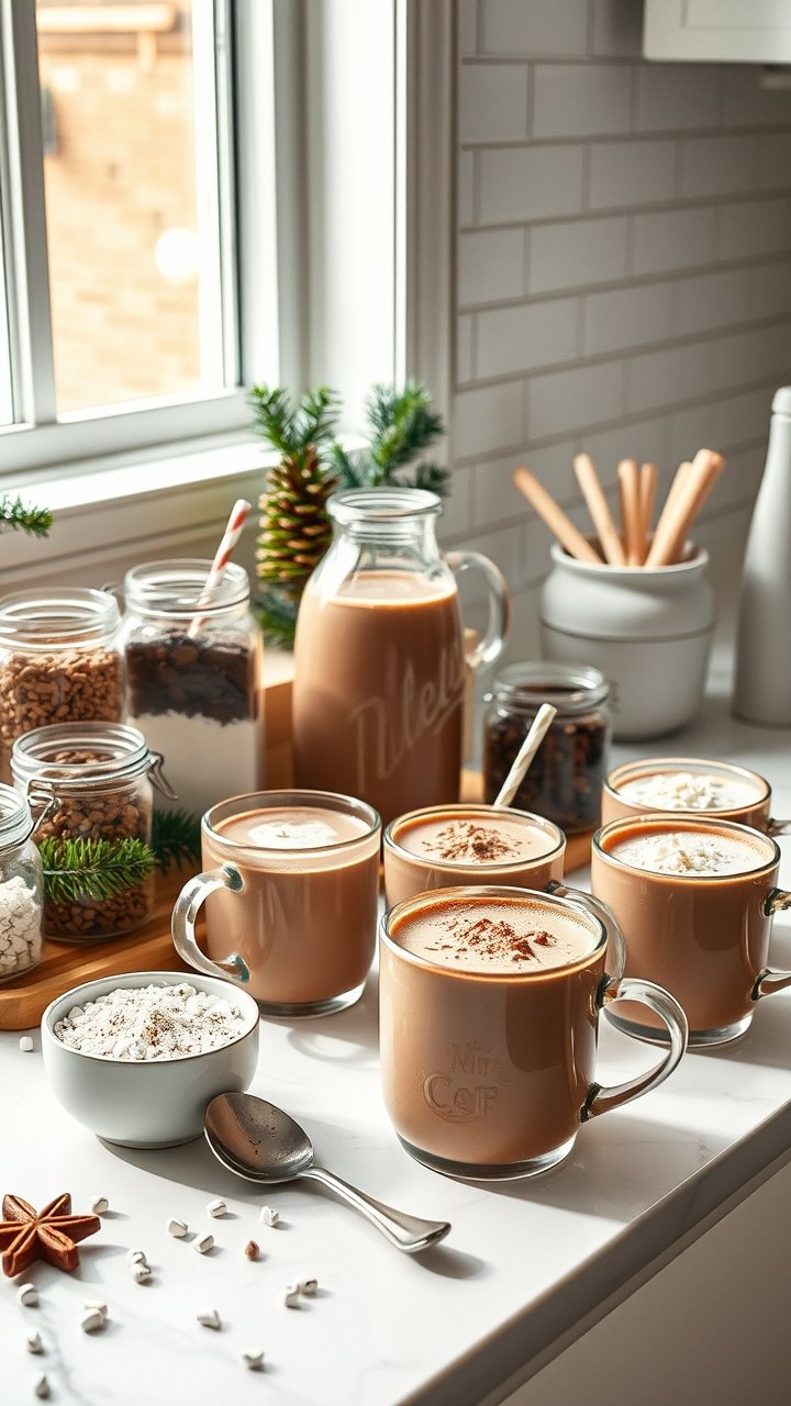 Cozy living room setup for a Christmas movie marathon with a plush sofa, festive pillows, and mugs of hot chocolate.