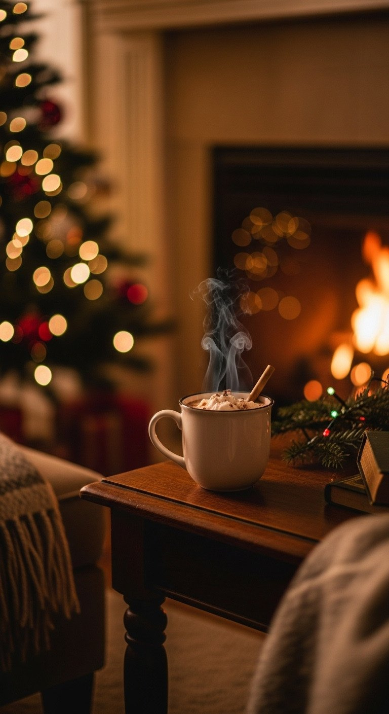 Cozy scene of a steaming hot cocoa mug by a fireplace. A blurred Christmas tree with warm lights creates a nostalgic feel.