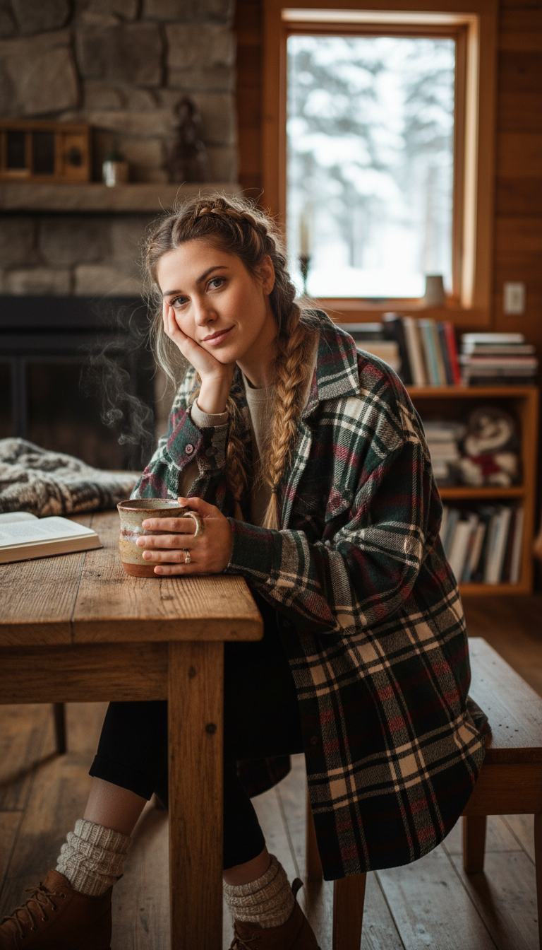 Cozy winter weekend fashion: oversized plaid flannel shirt, relaxed double French braids, steaming mug, rustic cabin.