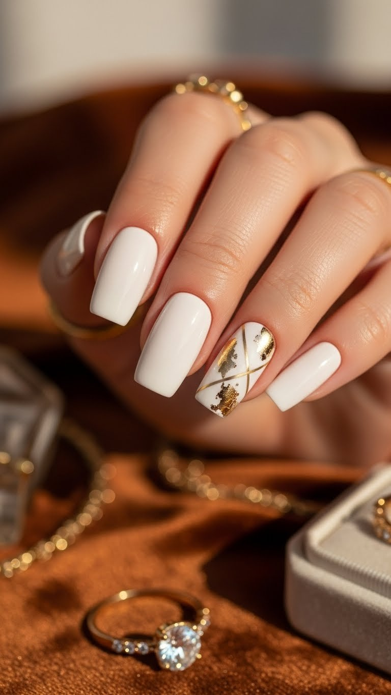 Creamy white rounded nails featuring an abstract gold foil geometric accent nail. Sophisticated and elegant manicure.