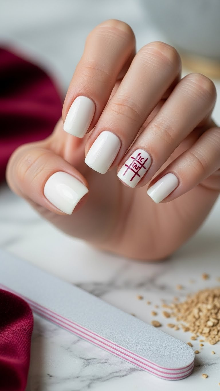 Creamy white short square nails with small burgundy tic tac toe accent. Elegant minimalist design on marble with velvet.