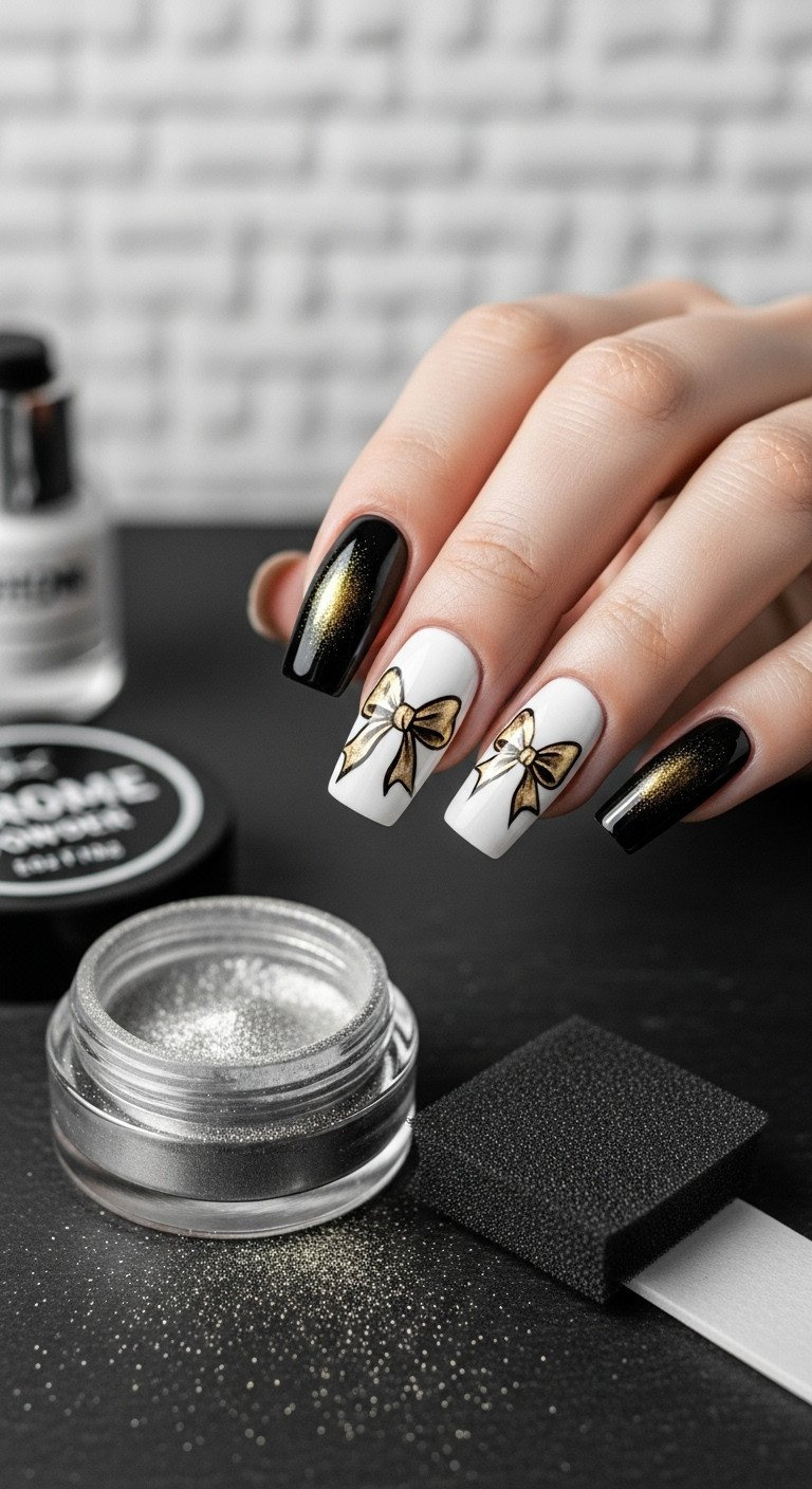 Crisp black and white manicure with a stenciled gold chrome mirror finish bow design. Flawless reflective metallic nail art.