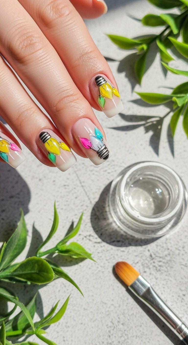 Cured 3D builder gel light bulbs nail art on single nail, clear gel domes, textured wall. Builder gel, detail brush.