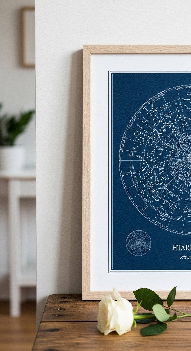 Custom star map in a light wood frame leaning on a rustic table. A white rose stem adds a romantic touch to the decor.