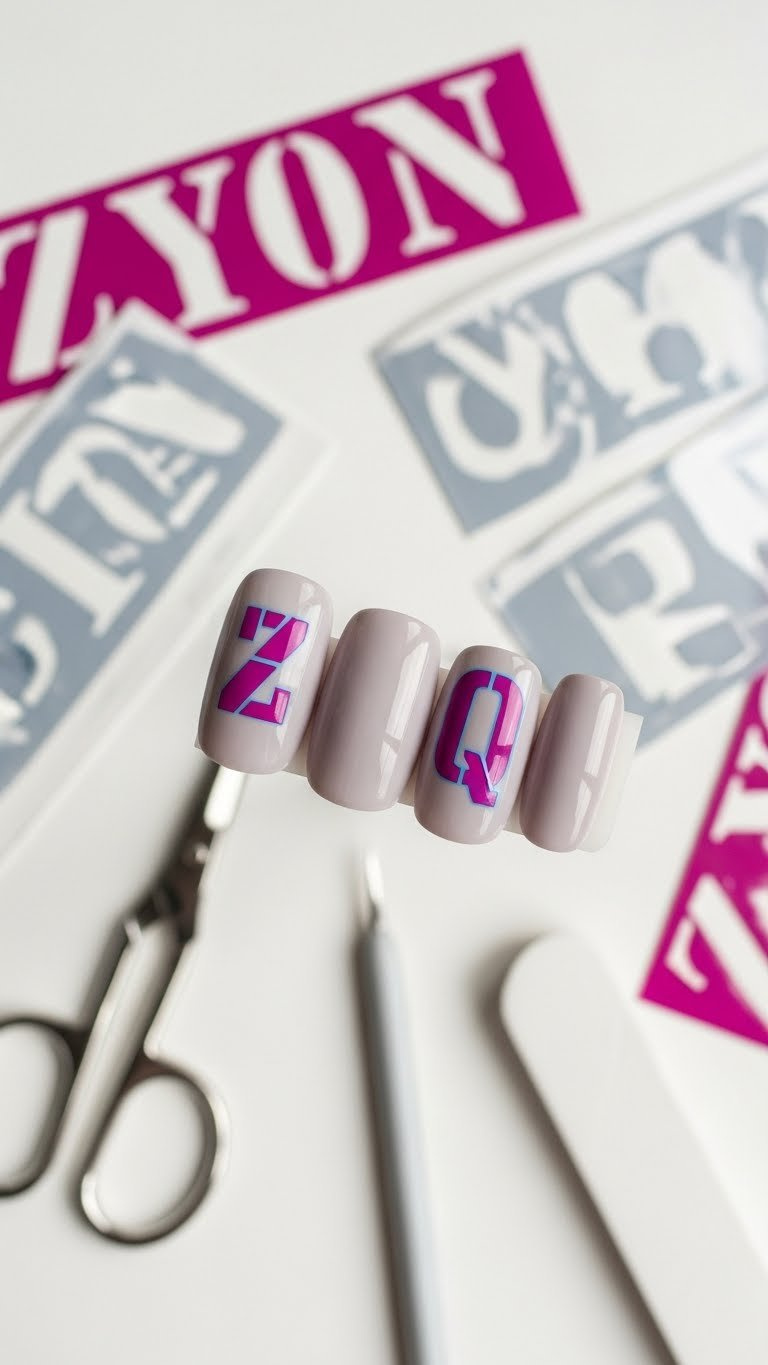Custom stenciled initial 'Z' in matte magenta block font on a light grey nail, with craft tools nearby.