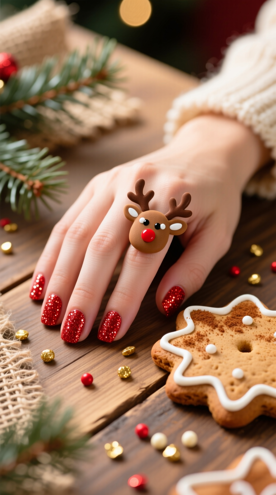 Cute DIY Christmas manicure on rounded nails with red glitter polish. A beige accent nail features simple dot art of a reindeer face.
