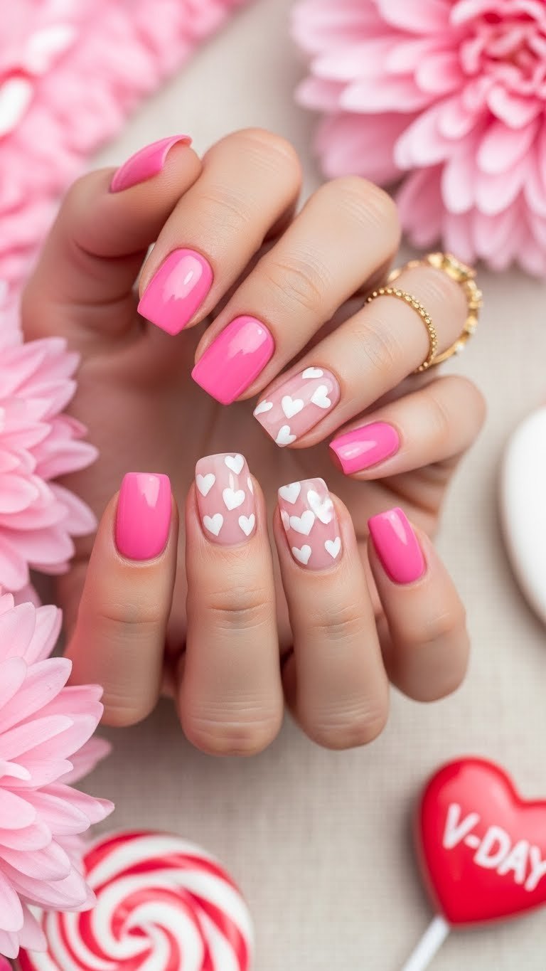 Cute bubblegum pink short rounded nails with white hand-painted heart accents, alongside V-Day candy. Perfect Valentine's manicure.