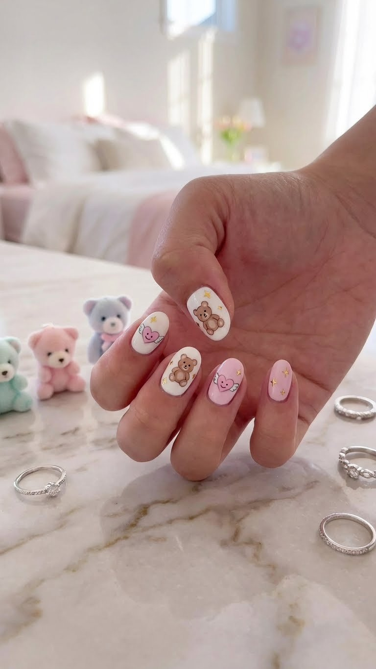 Cute kawaii y2k Valentine nails: white, pastel pink with cartoon characters, stars, on marble. Playful nail art.