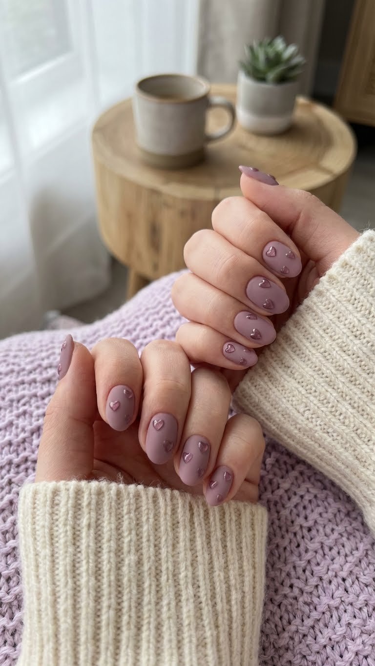 Cute matte pastel gel nails in dusty mauve with tiny glossy floating heart designs on a textured blanket.